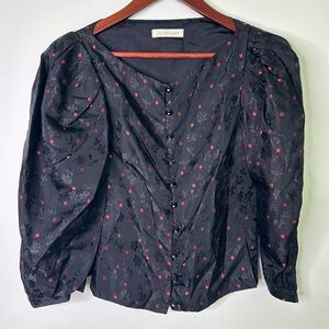 Jill Stuart Puff Sleeve Black Floral Polka Dot Blouse Size 6